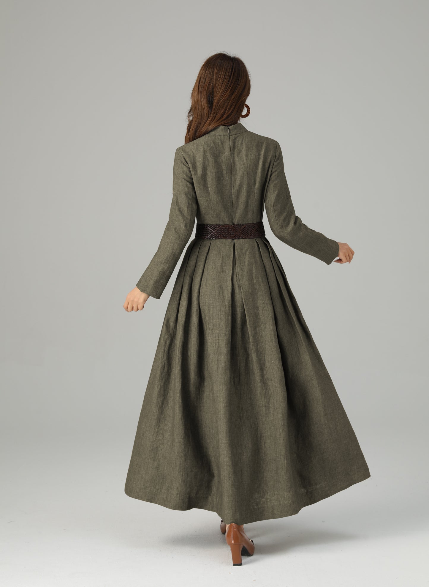 Linen Maxi Dress – Vintage Inspired Long Sleeve Dress with Pockets 6712