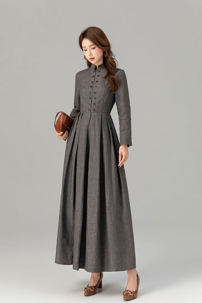 Vintage Cotton Linen Maxi Dress – Long Sleeve Retro Gown 4923 – Xiaolizi