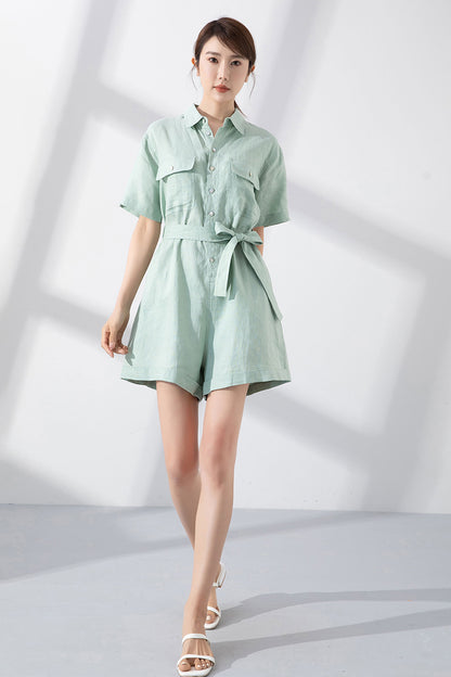 Light Green Linen Jumpsuit - Shirt Collar with Fabric Belt 4224