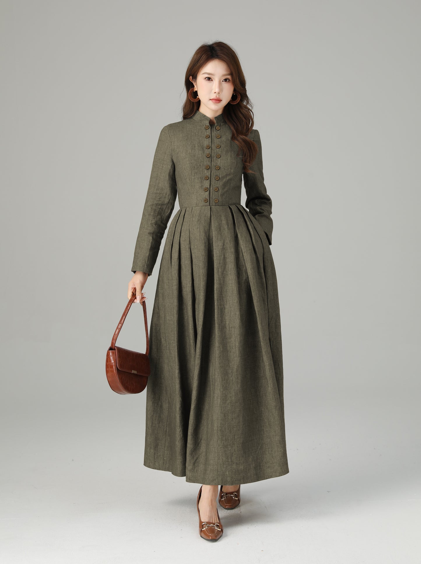 Linen Maxi Dress – Vintage Inspired Long Sleeve Dress with Pockets 6712