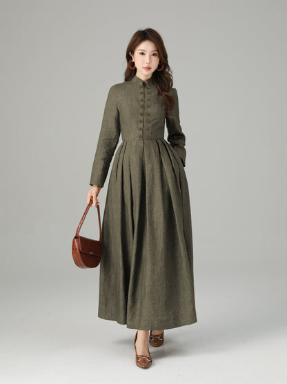 Linen Maxi Dress – Vintage Inspired Long Sleeve Dress with Pockets 6712