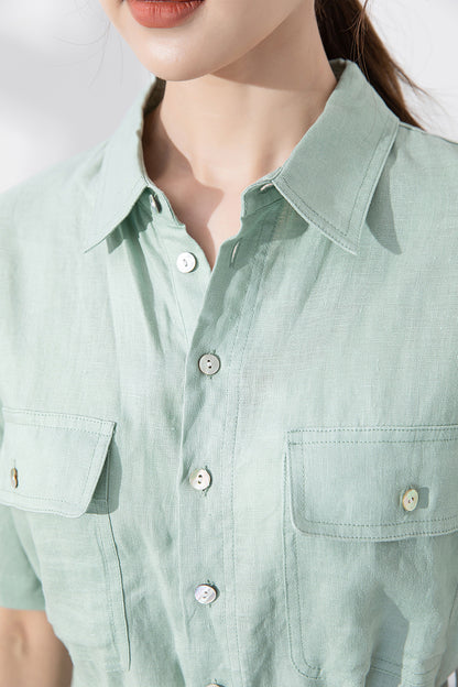 Light Green Linen Jumpsuit - Shirt Collar with Fabric Belt 4224