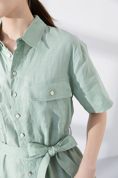 Light Green Linen Jumpsuit - Shirt Collar with Fabric Belt 4224