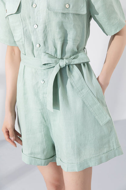 Light Green Linen Jumpsuit - Shirt Collar with Fabric Belt 4224