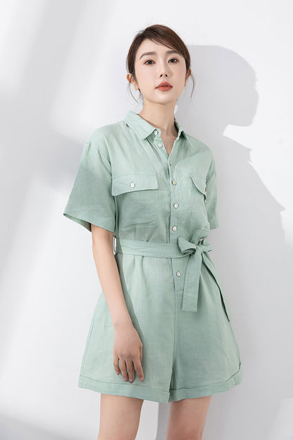Light Green Linen Jumpsuit - Shirt Collar with Fabric Belt 4224