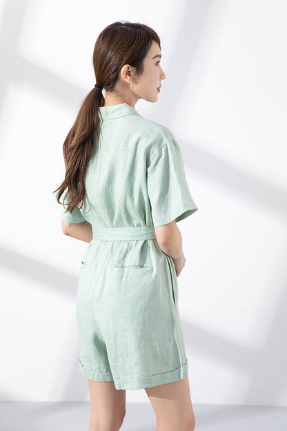 Light Green Linen Jumpsuit - Shirt Collar with Fabric Belt 4224