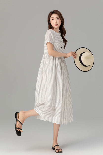 Black and White Linen Midi Dress - Striped, Button Front 4926