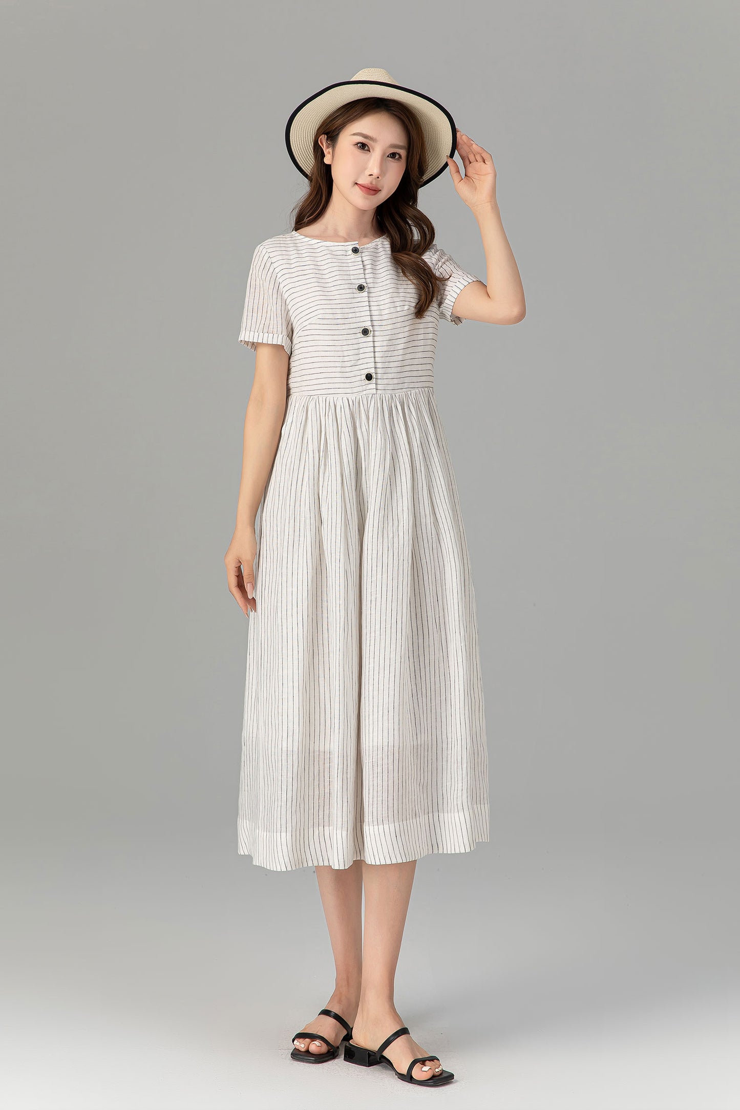 black and white striple summer linen dress 4926