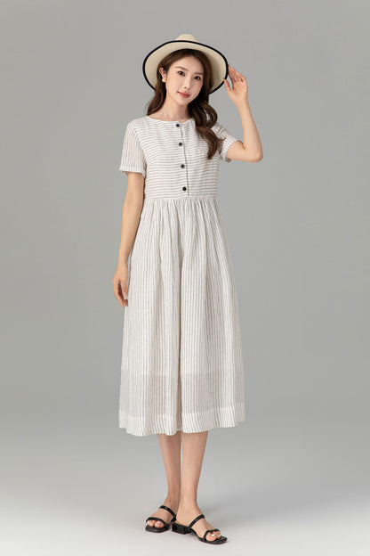 Black and White Linen Midi Dress - Striped, Button Front 4926