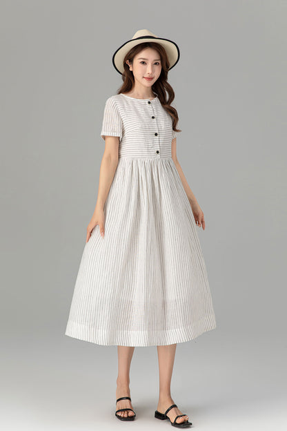 Black and White Linen Midi Dress - Striped, Button Front 4926