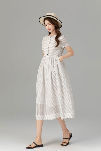 Black and White Linen Midi Dress - Striped, Button Front 4926