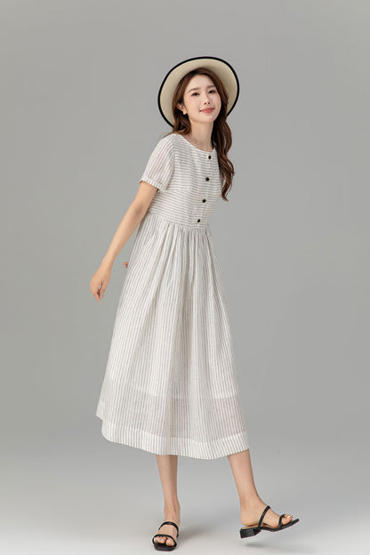 Black and White Linen Midi Dress - Striped, Button Front 4926