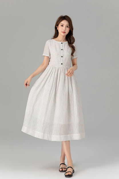 Black and White Linen Midi Dress - Striped, Button Front 4926