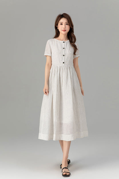 Black and White Linen Midi Dress - Striped, Button Front 4926