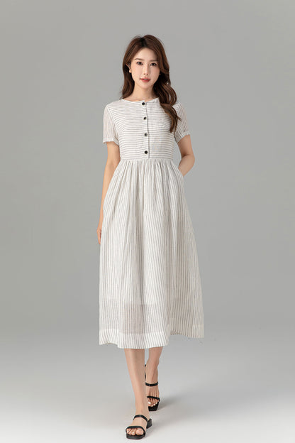 Black and White Linen Midi Dress - Striped, Button Front 4926