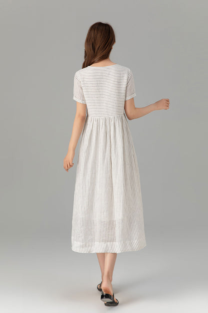 Black and White Linen Midi Dress - Striped, Button Front 4926