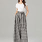 Black and white plaid wide leg long linen pants 4928