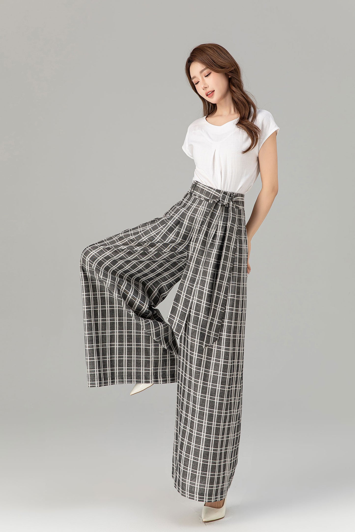 Black and white plaid wide leg long linen pants 4928