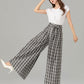 Black and white plaid wide leg long linen pants 4928