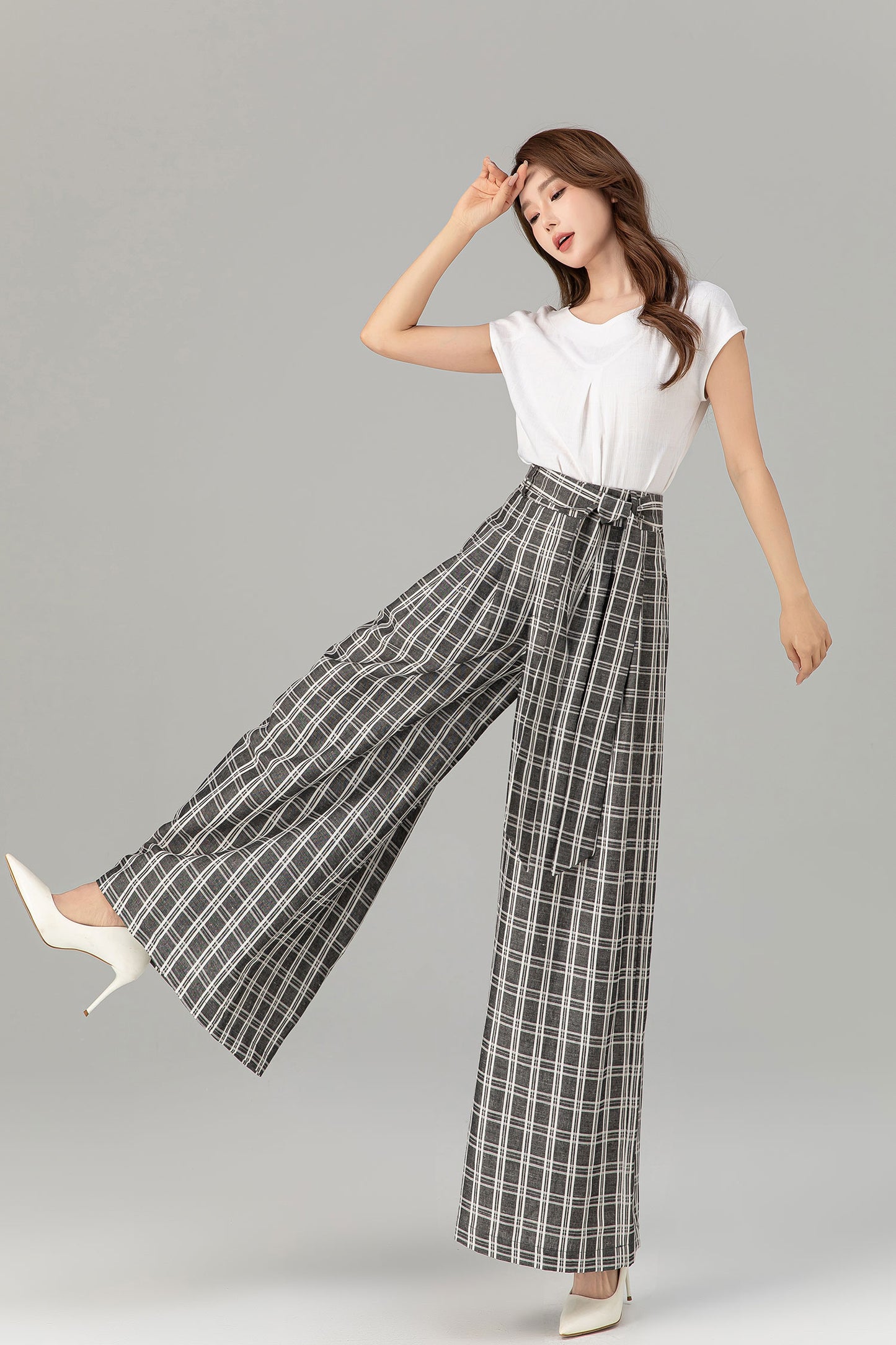 Black and white plaid wide leg long linen pants 4928