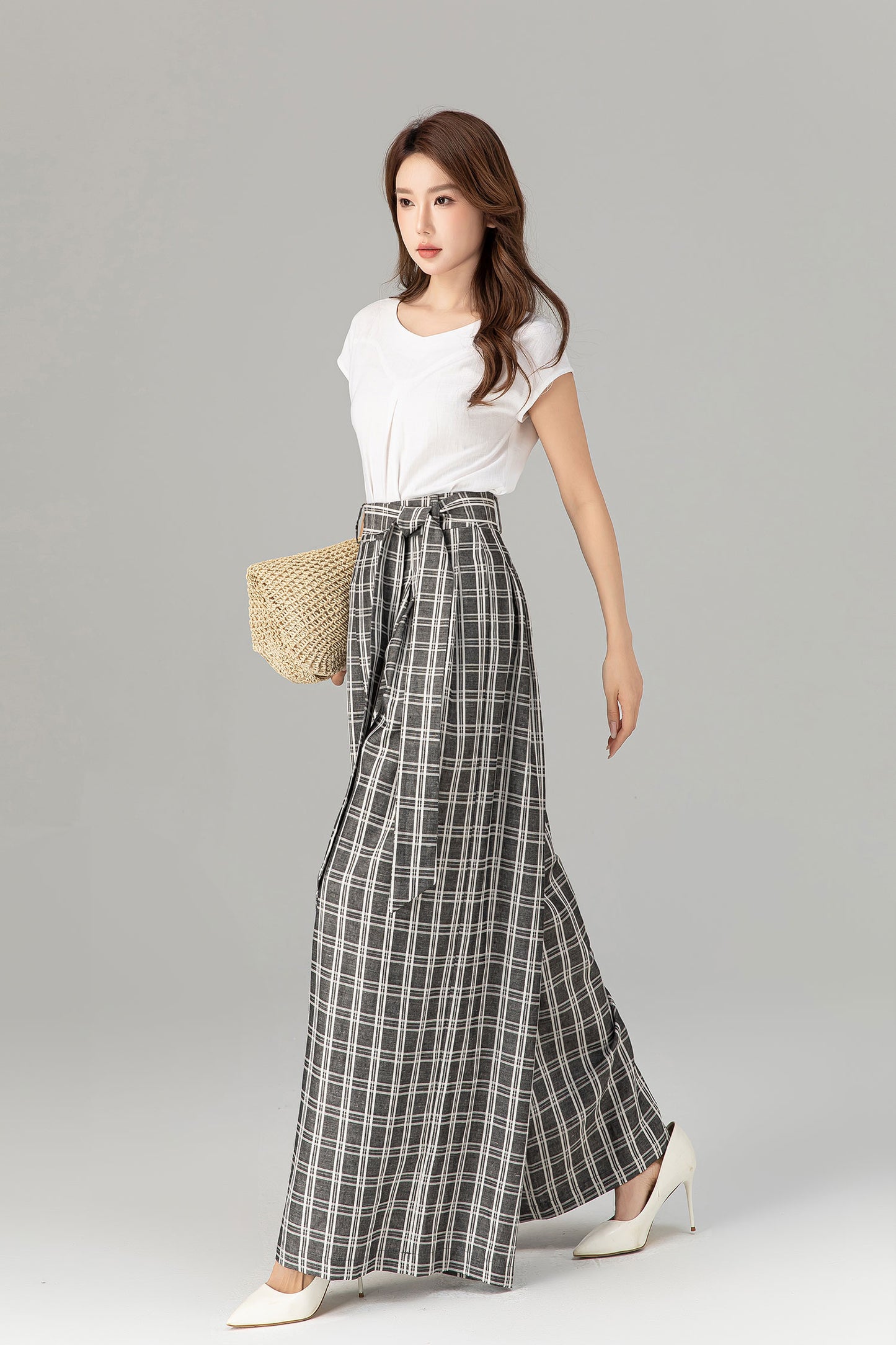 Black and white plaid wide leg long linen pants 4928