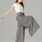 Black and white plaid wide leg long linen pants 4928