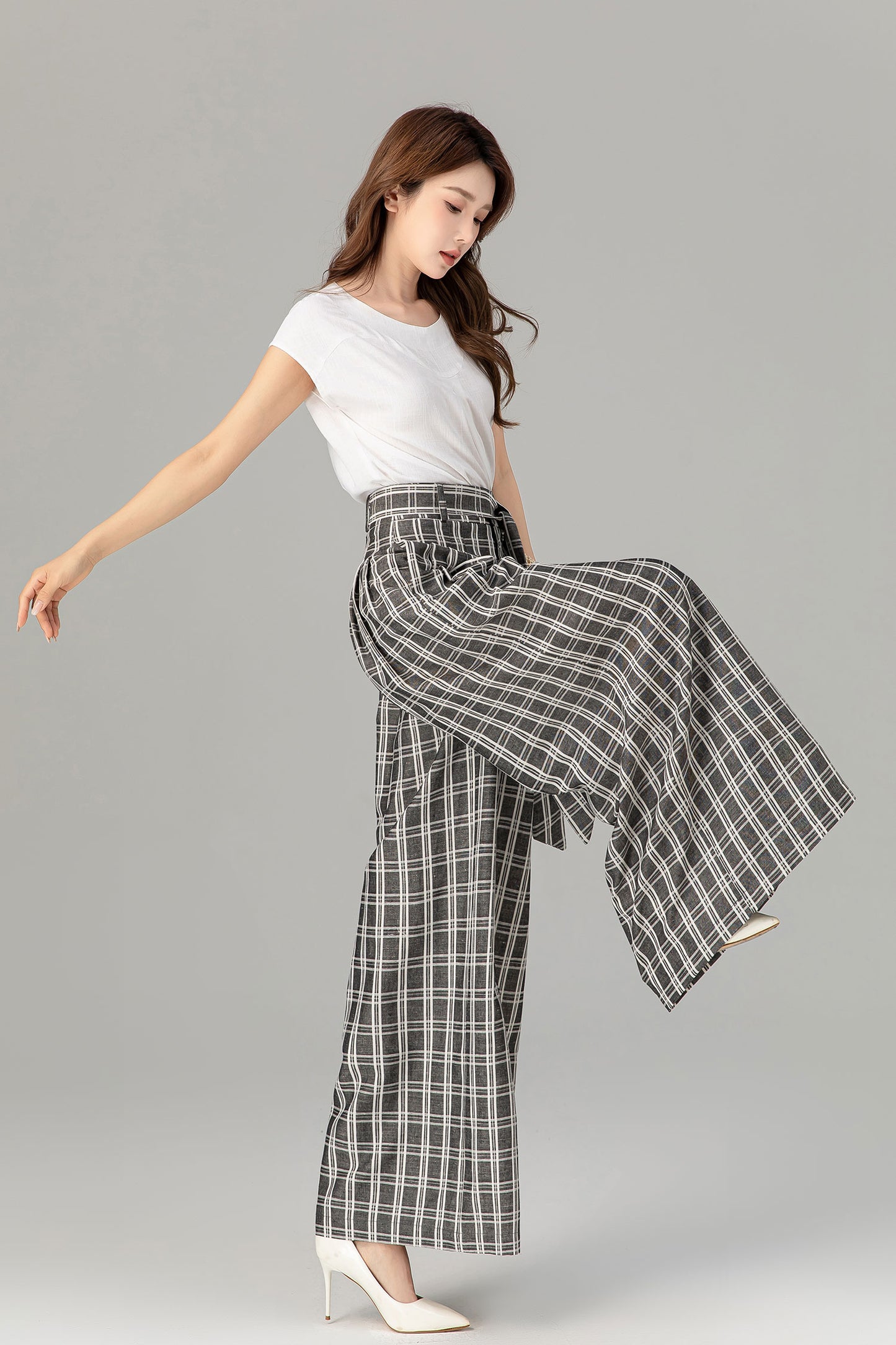 Black and white plaid wide leg long linen pants 4928