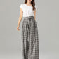 Black and white plaid wide leg long linen pants 4928