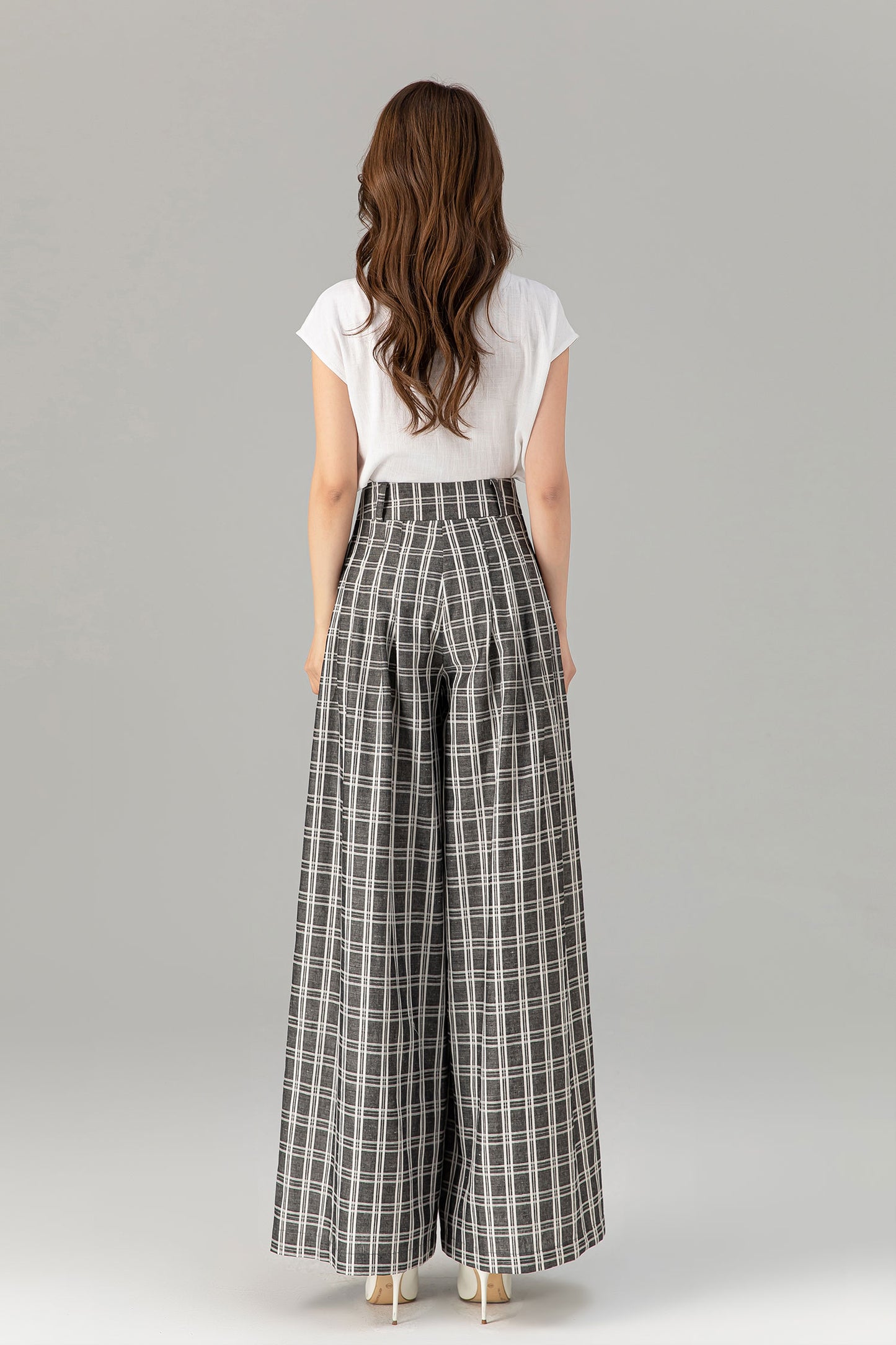 Black and white plaid wide leg long linen pants 4928