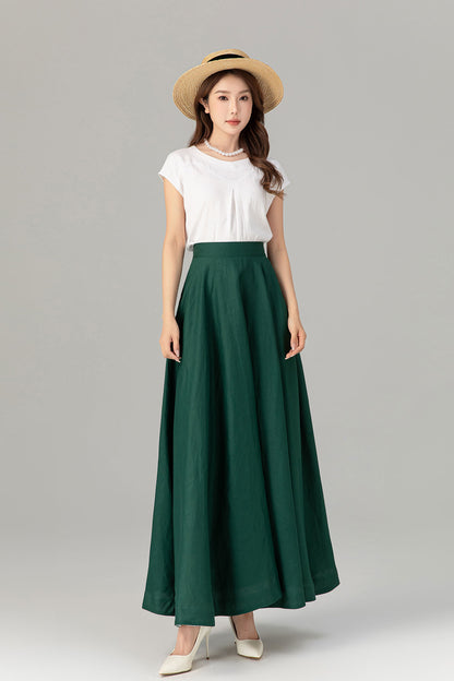 Green Linen Maxi Skirt - A-Line Flowy Silhouette with Pockets 4929