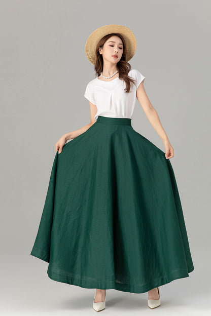 Green Linen Maxi Skirt - A-Line Flowy Silhouette with Pockets 4929