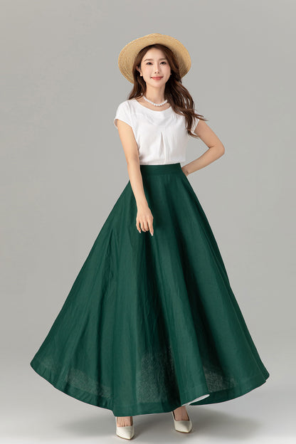 Green Linen Maxi Skirt - A-Line Flowy Silhouette with Pockets 4929