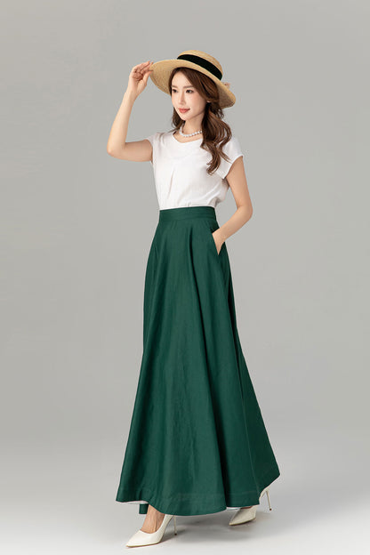 Green Linen Maxi Skirt - A-Line Flowy Silhouette with Pockets 4929