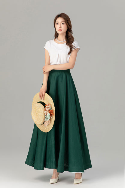 Green Linen Maxi Skirt - A-Line Flowy Silhouette with Pockets 4929