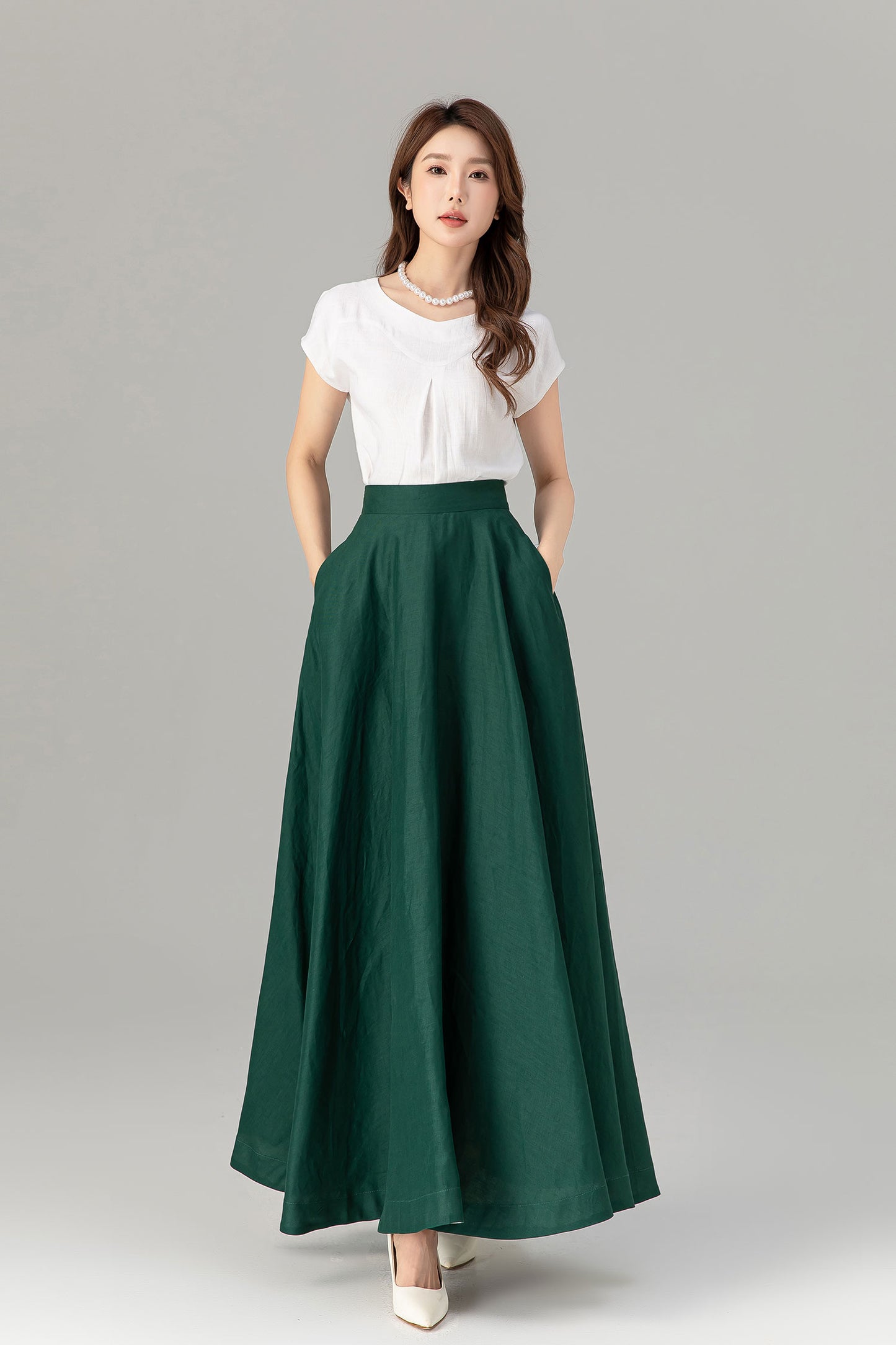A line maxi green linen skirt with pockets women 4929