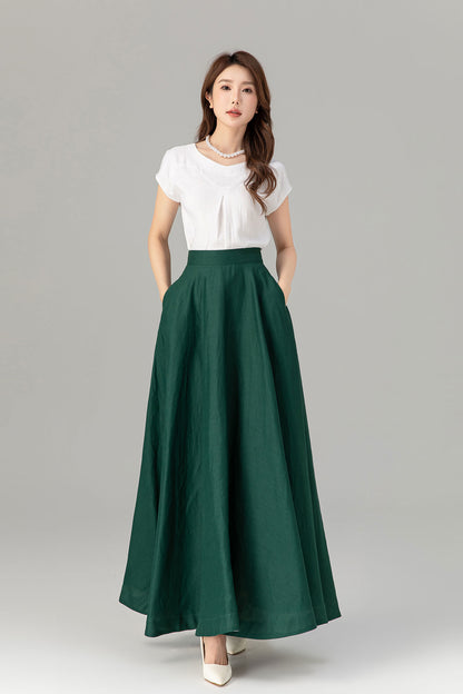Green Linen Maxi Skirt - A-Line Flowy Silhouette with Pockets 4929