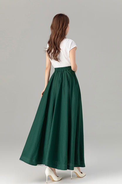 Green Linen Maxi Skirt - A-Line Flowy Silhouette with Pockets 4929