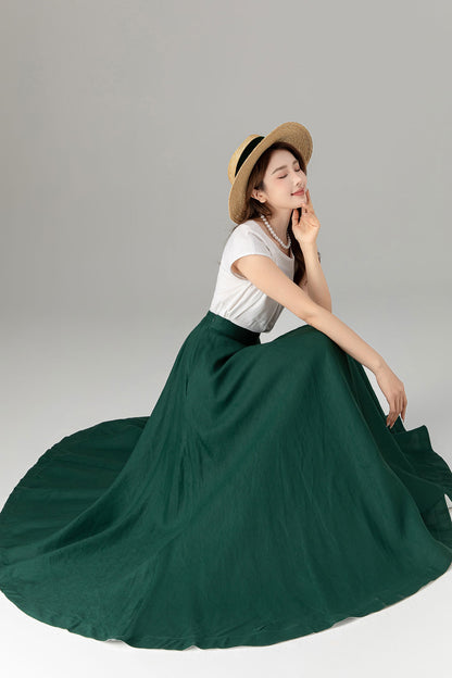 Green Linen Maxi Skirt - A-Line Flowy Silhouette with Pockets 4929