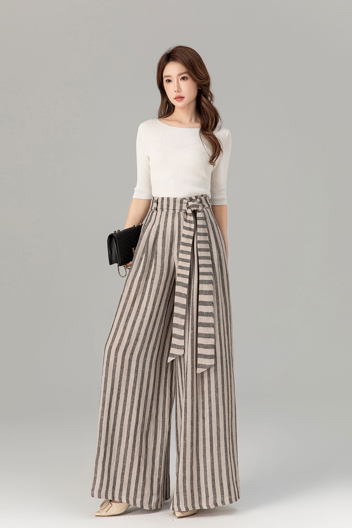 Tie belt wide leg long linen pants women 4930