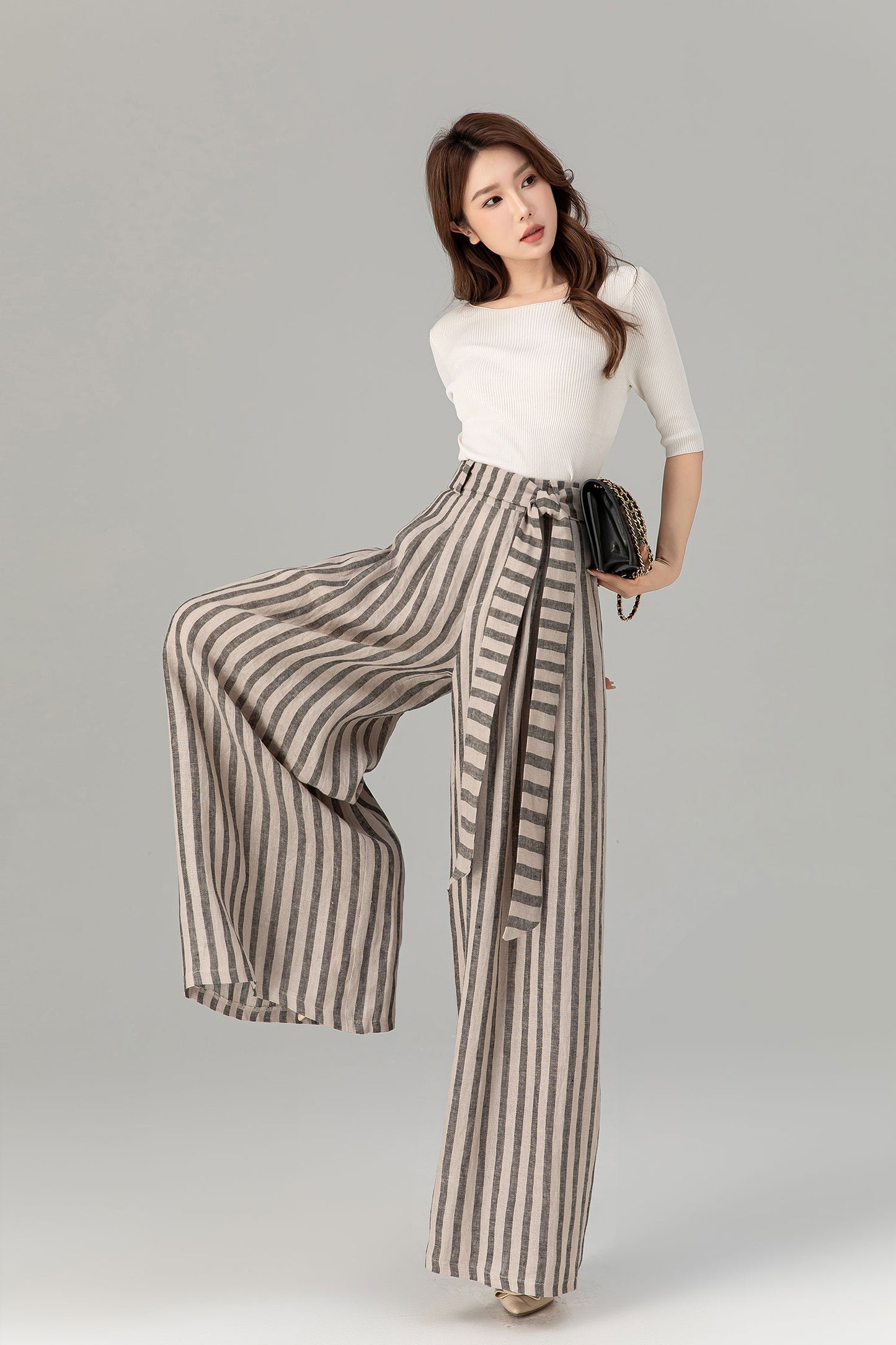 Tie belt wide leg long linen pants women 4930