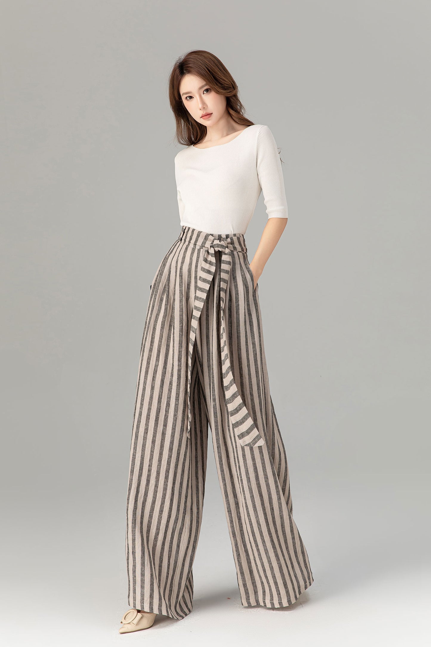 Tie belt wide leg long linen pants women 4930