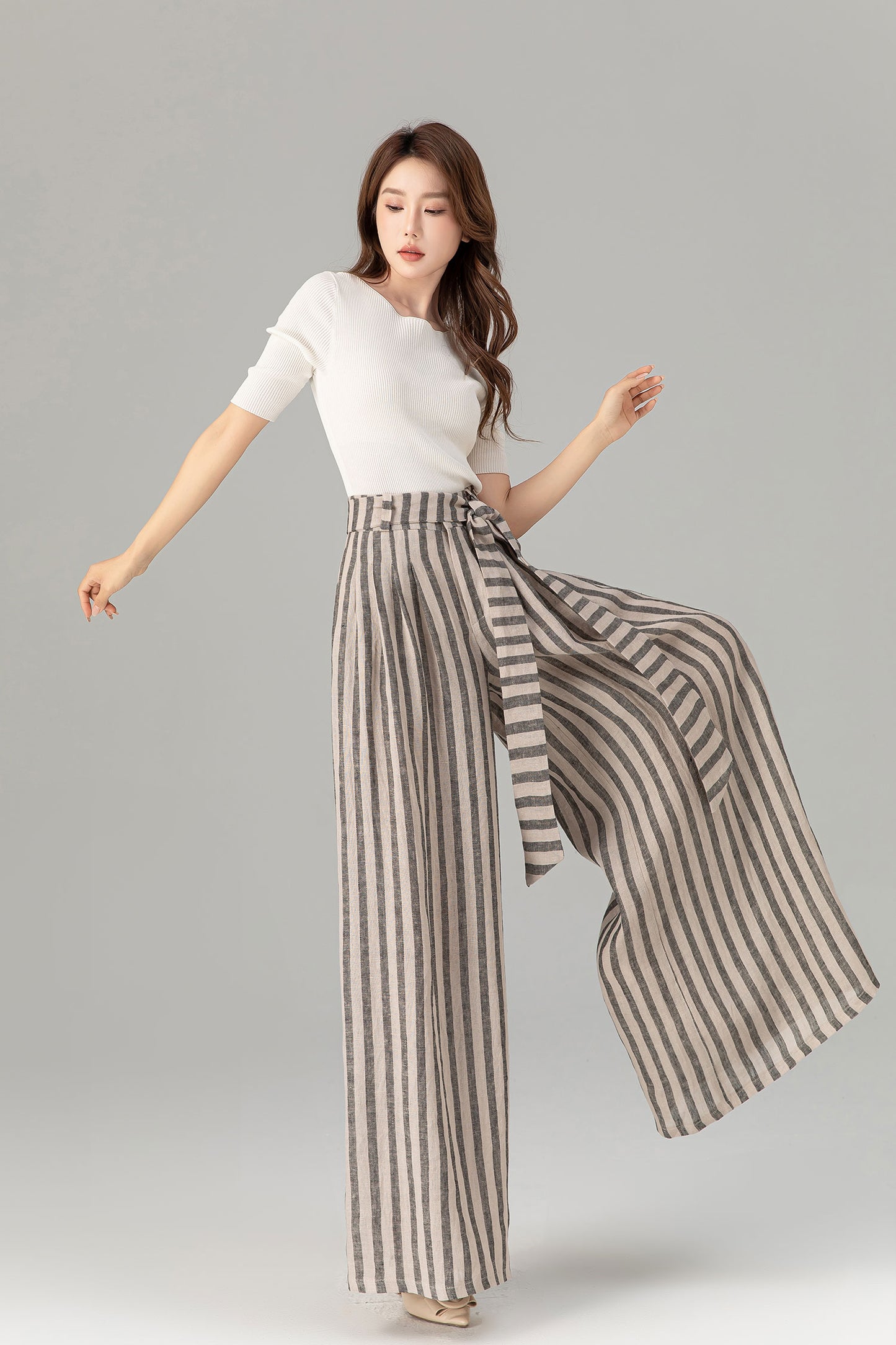 Tie belt wide leg long linen pants women 4930