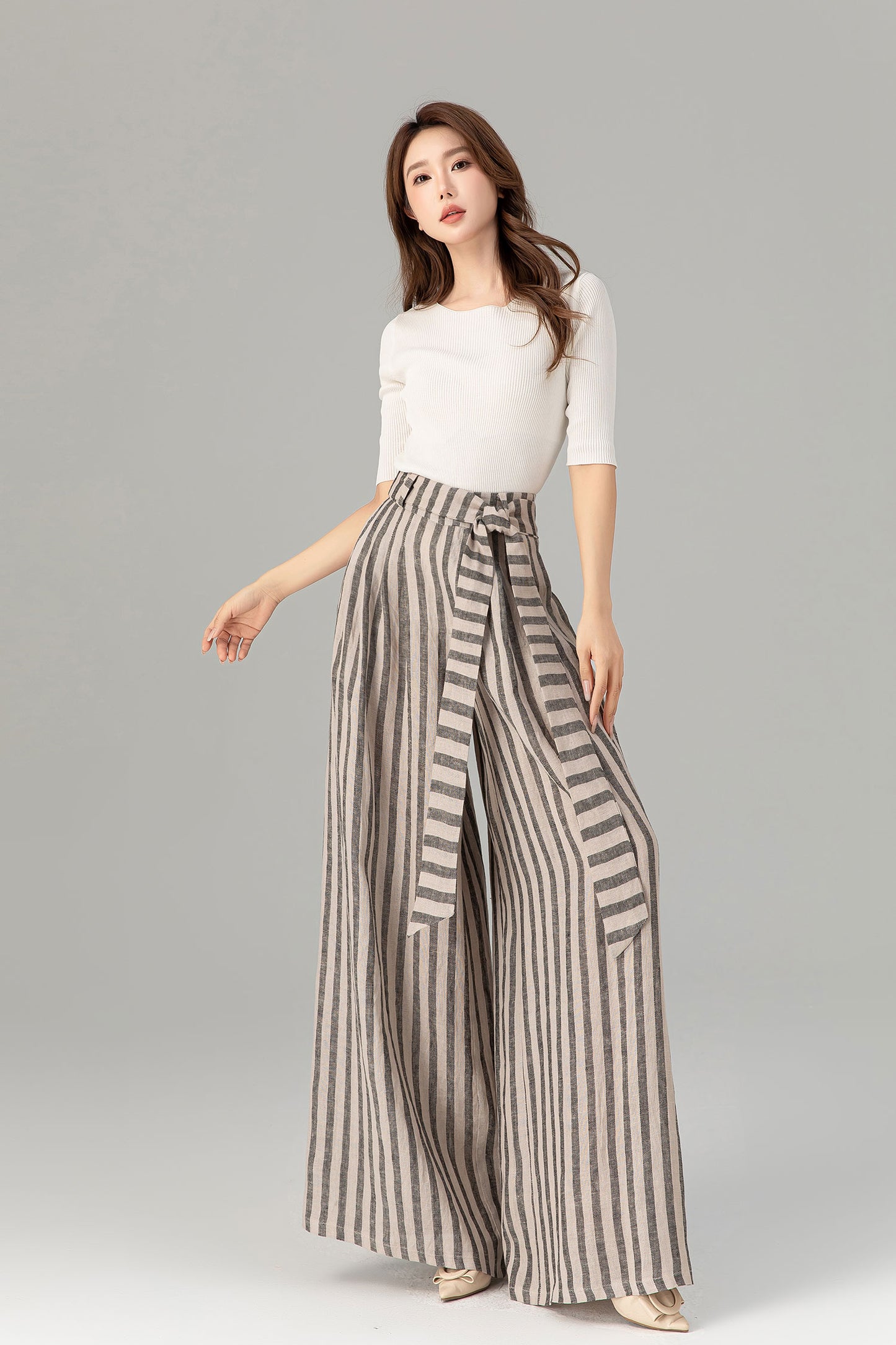 Tie belt wide leg long linen pants women 4930