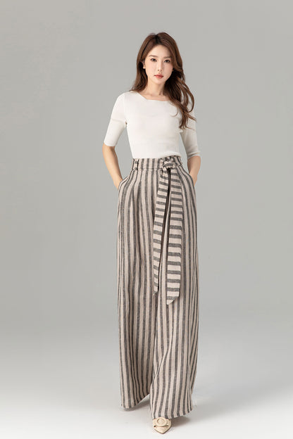 Tie belt wide leg long linen pants women 4930