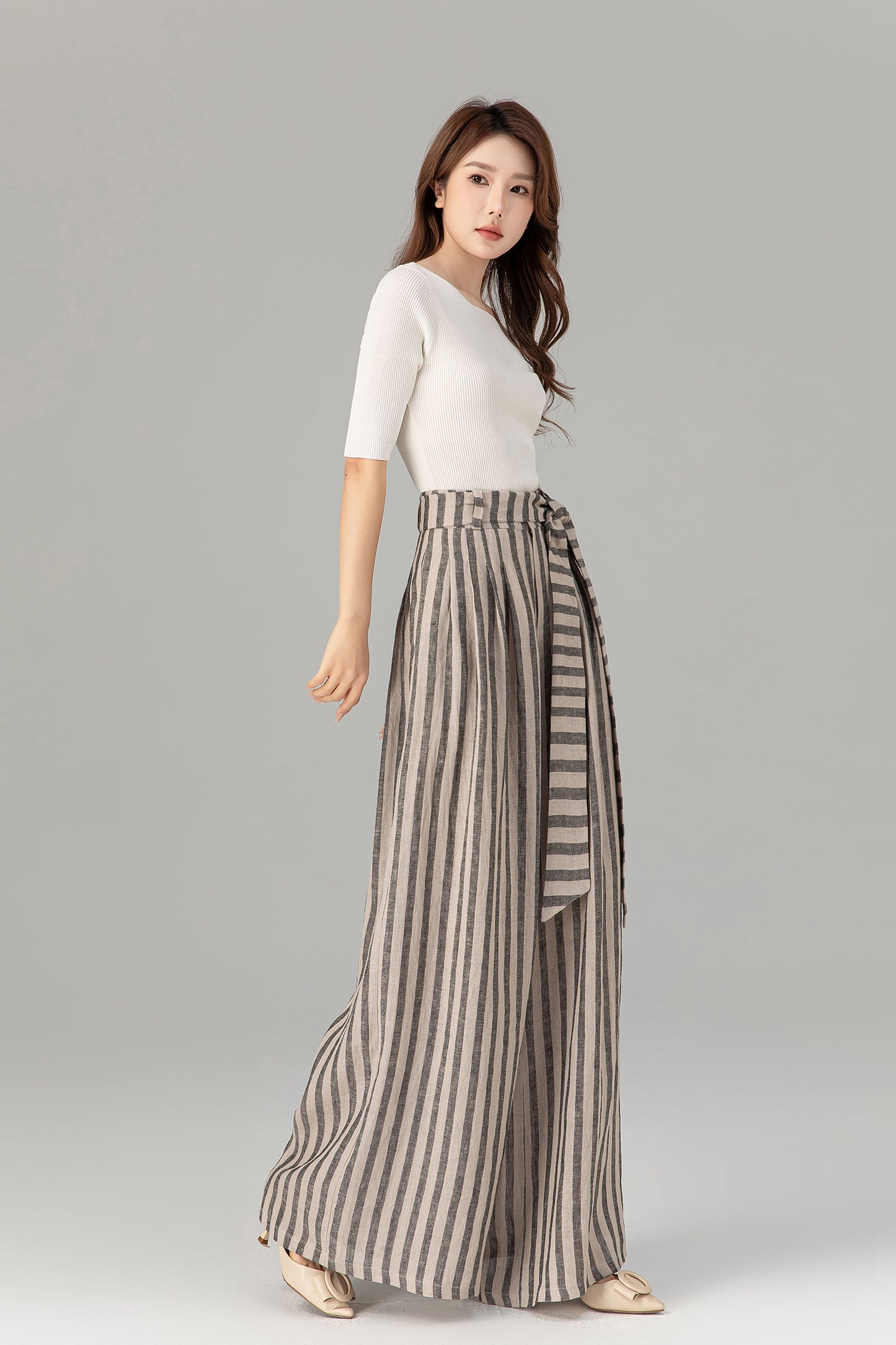 Tie belt wide leg long linen pants women 4930