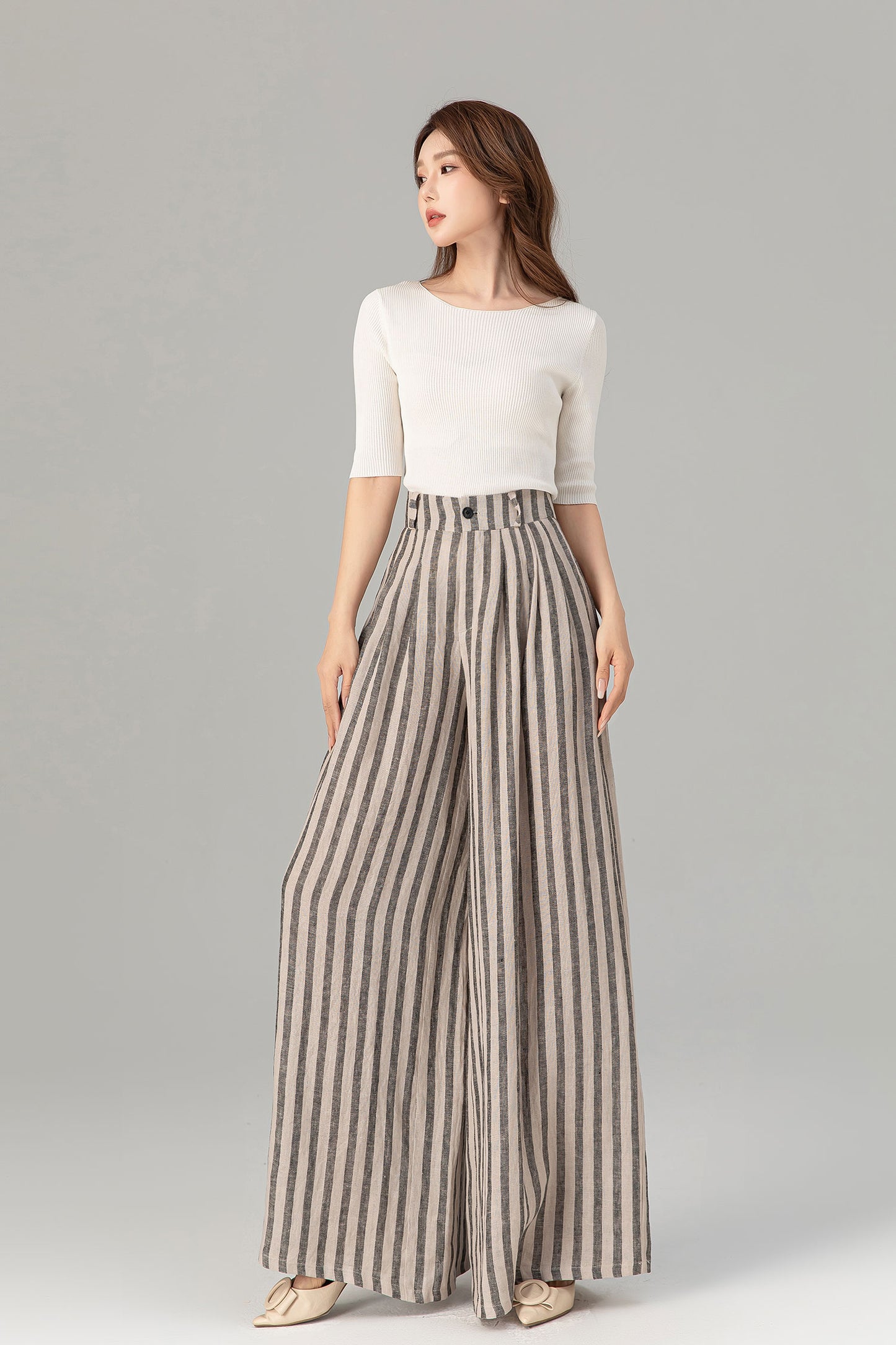 Tie belt wide leg long linen pants women 4930