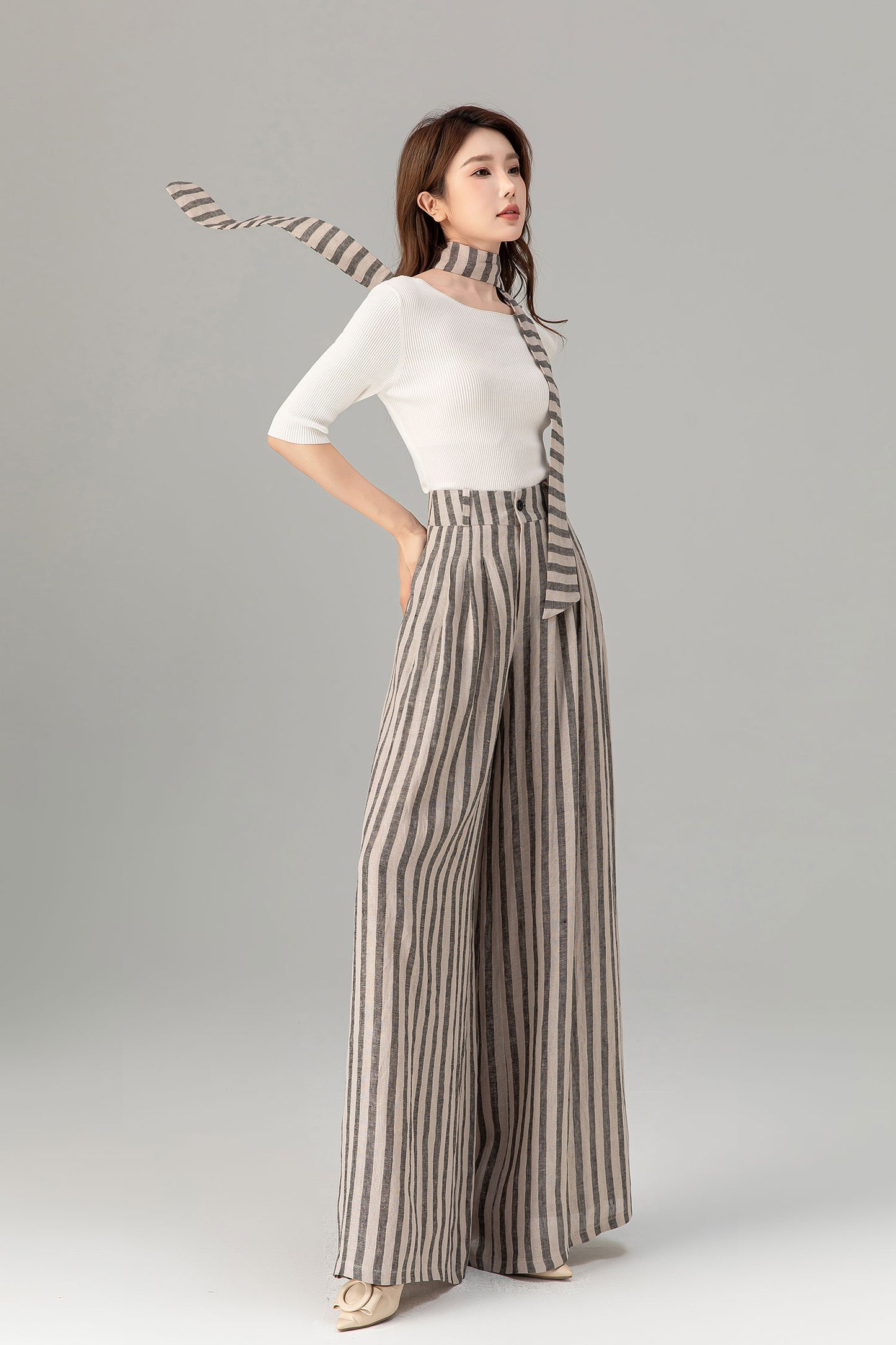 Tie belt wide leg long linen pants women 4930