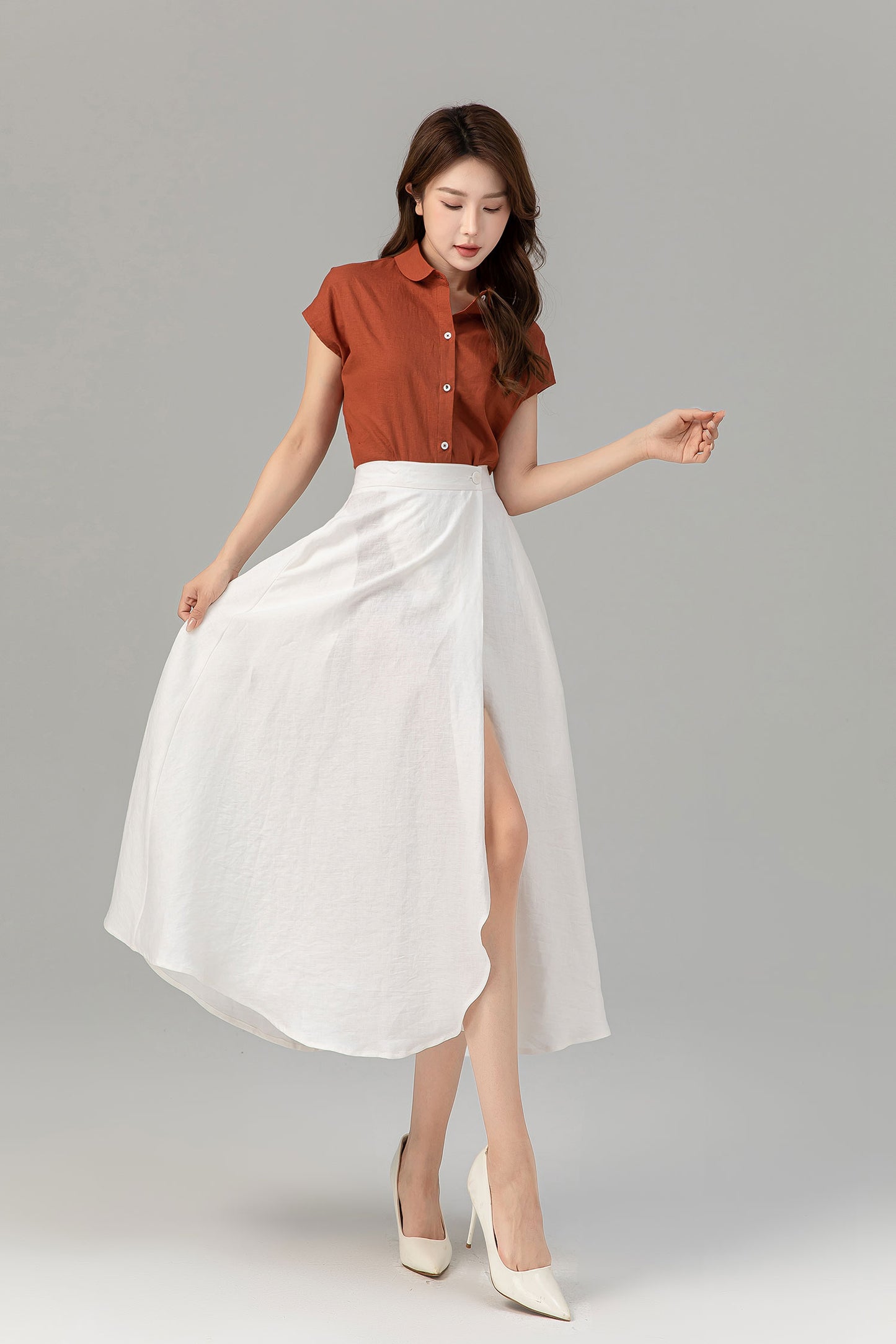 Swing a line white wrap summer linen skirt 4932