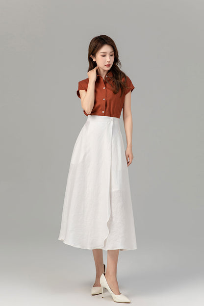 Swing a line white wrap summer linen skirt 4932