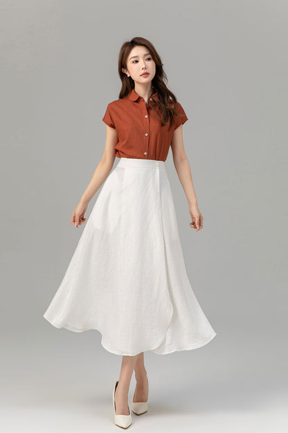 Swing a line white wrap summer linen skirt 4932